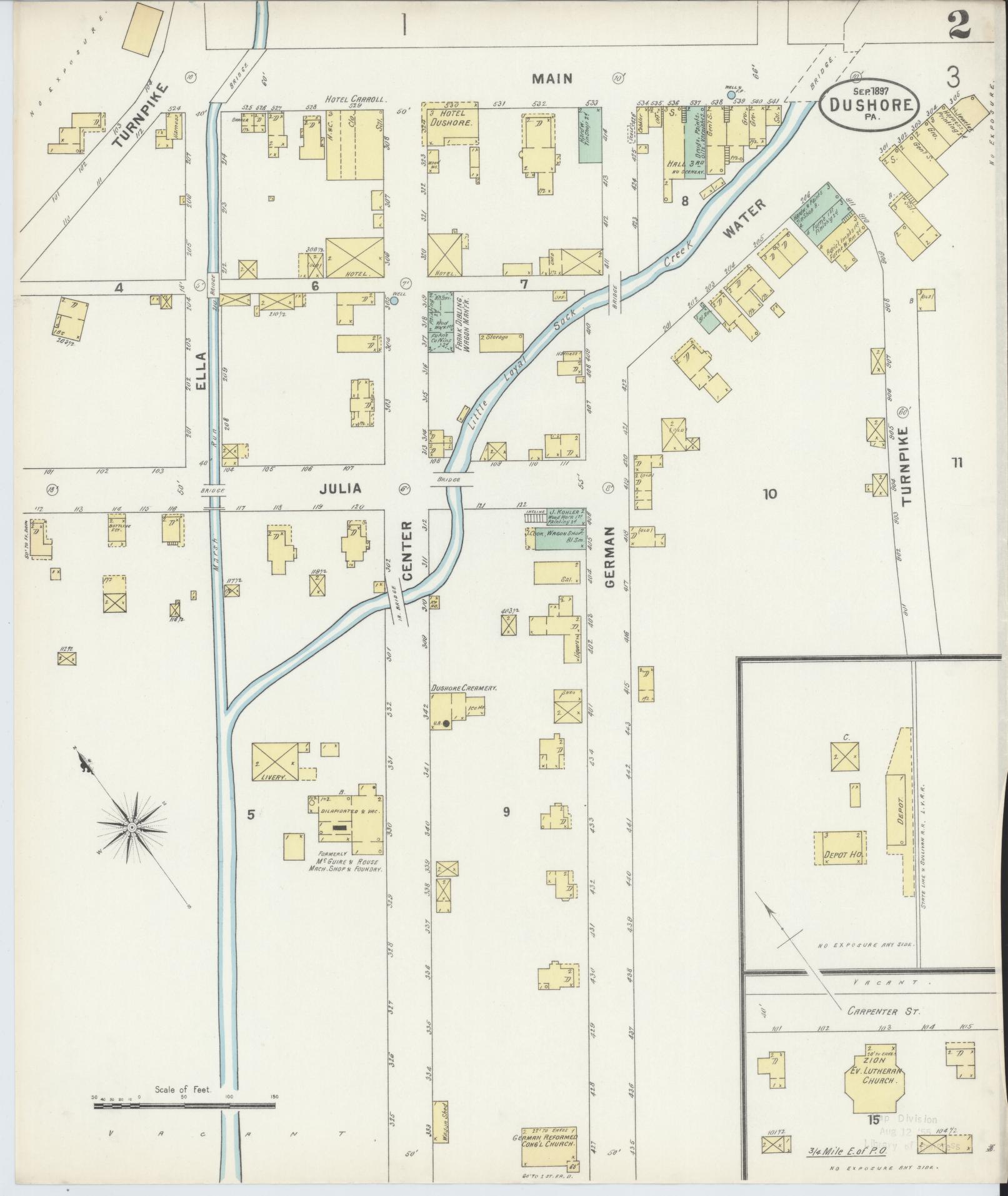 Sanborn Fire Insurance Map from Dushore, Sullivan County, Pennsylvania (1897), Sheet #0002 - Historic Sanborn Fire Insurance Map Print, vintage old map wall art, antique decor, genealogy gift, Pennsylvania Pennsylvania map