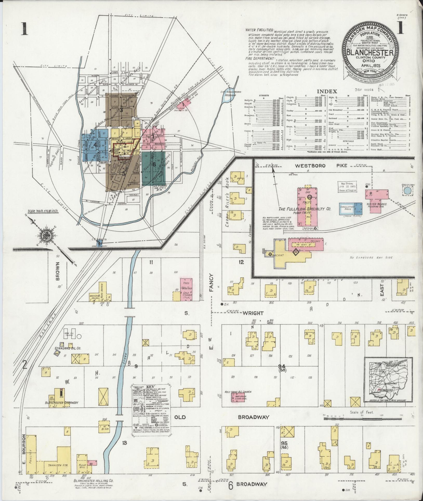Sanborn Fire Insurance Map from Blanchester, Clinton County, Ohio (1925), Sheet #0001 - Historic Sanborn Fire Insurance Map Print, vintage old map wall art, antique decor, genealogy gift, Ohio Ohio map