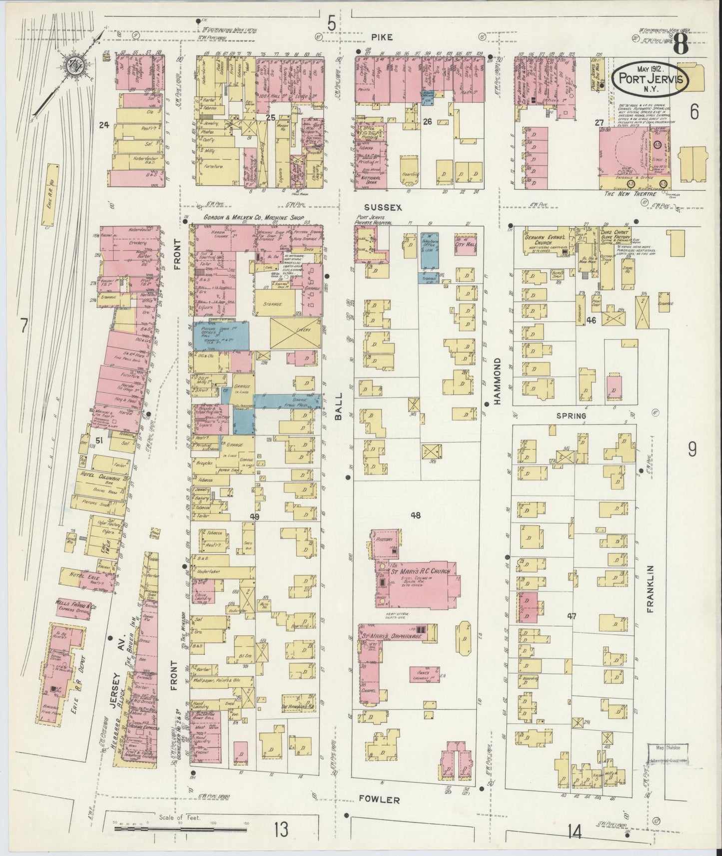 Sanborn Fire Insurance Map from Port Jervis, Orange County, New York (1912), Sheet #0008 - Historic Sanborn Fire Insurance Map Print, vintage old map wall art, antique decor, genealogy gift, New York New York map