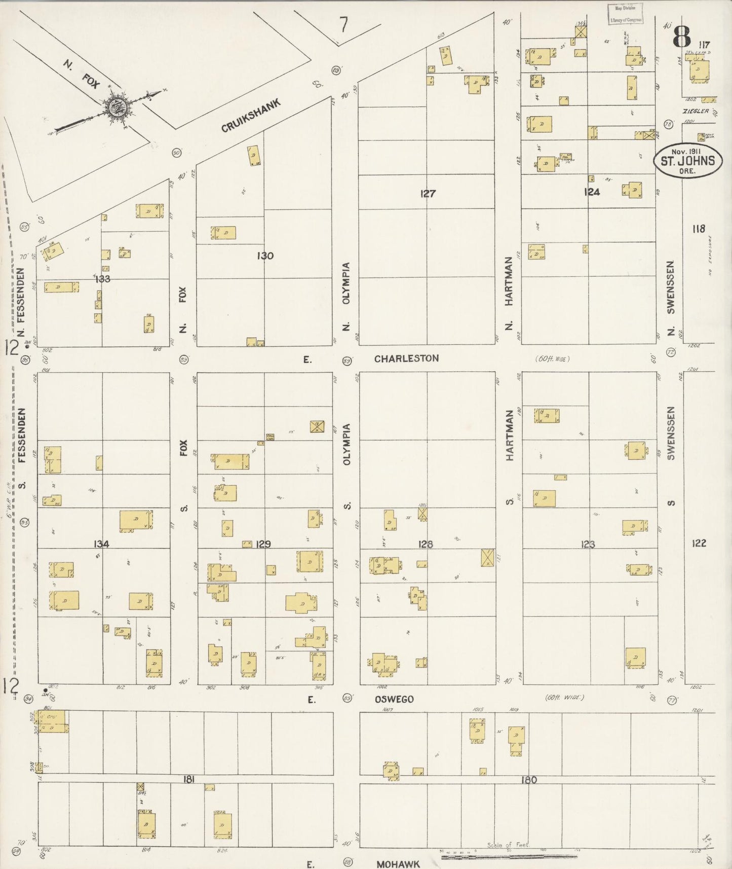 Sanborn Fire Insurance Map from Saint Johns, Multnomah County, Oregon (1911), Sheet #0008 - Historic Sanborn Fire Insurance Map Print, vintage old map wall art, antique decor, genealogy gift, Oregon Oregon map