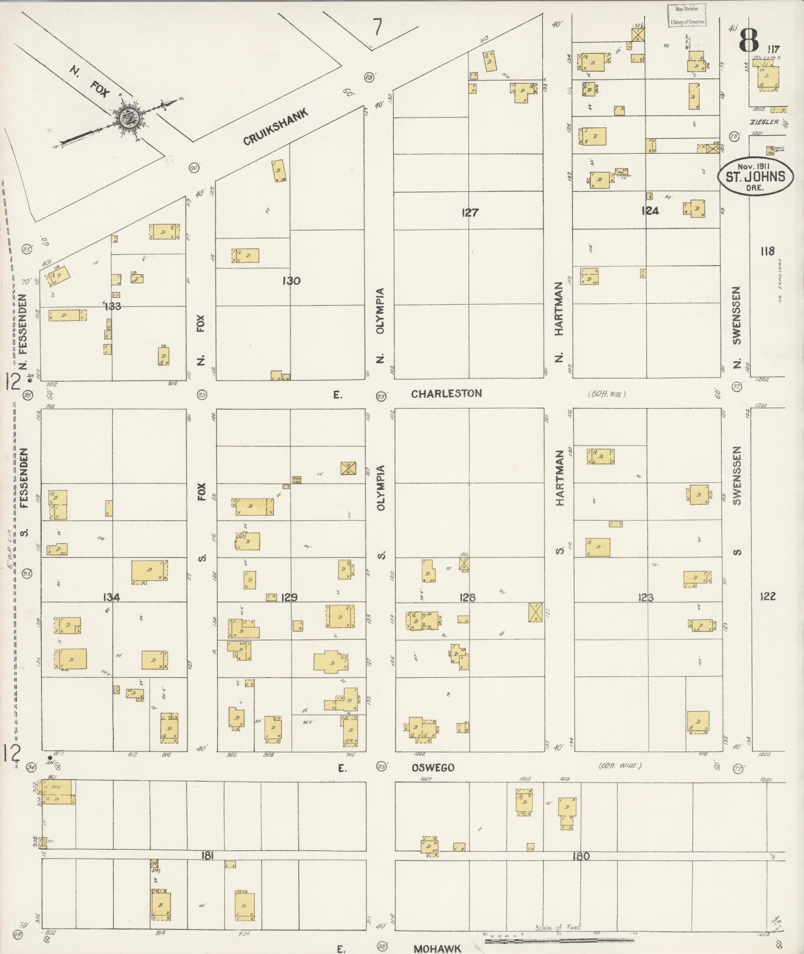 Sanborn Fire Insurance Map from Saint Johns, Multnomah County, Oregon (1911), Sheet #0008 - Historic Sanborn Fire Insurance Map Print, vintage old map wall art, antique decor, genealogy gift, Oregon Oregon map