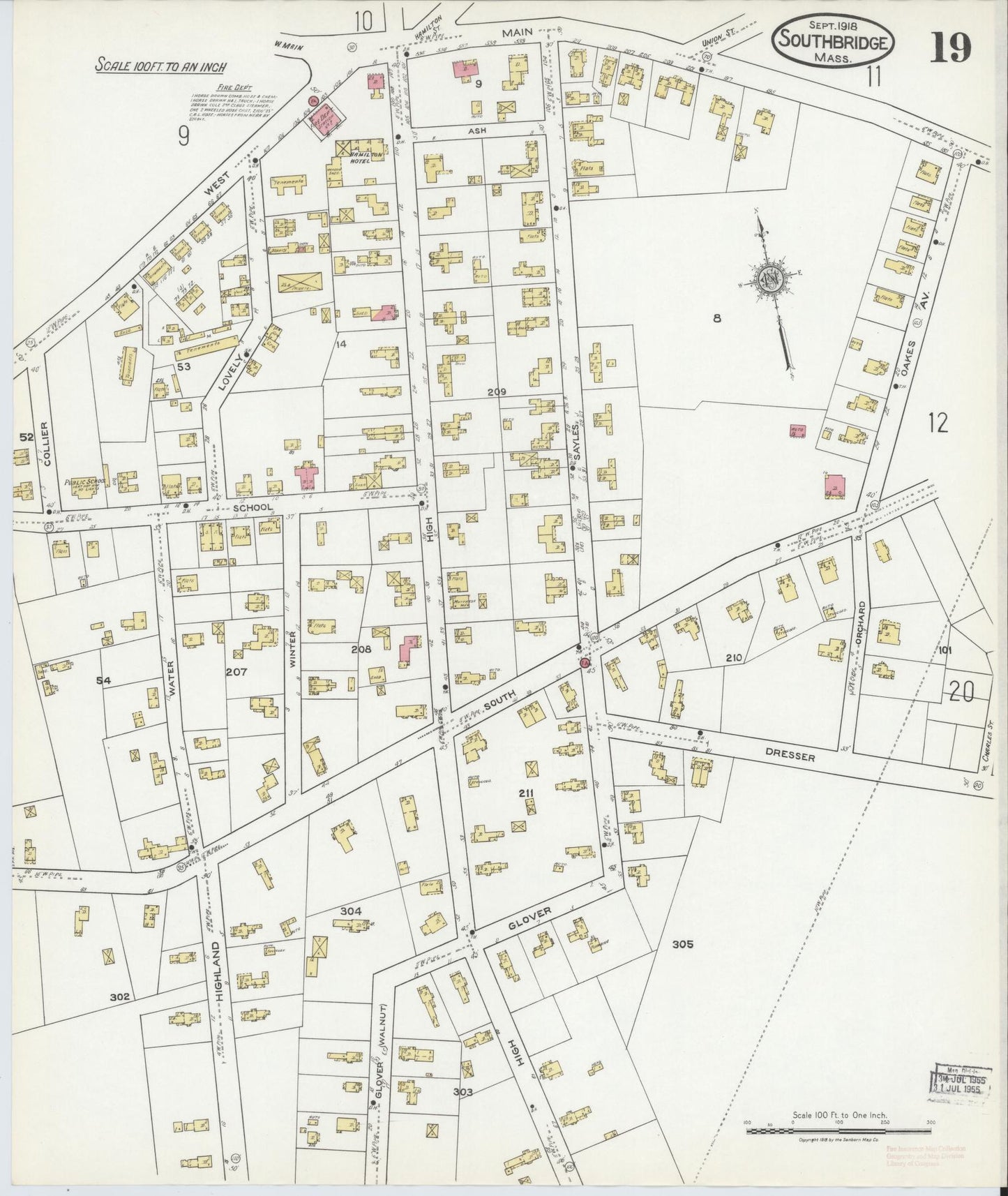 Sanborn Fire Insurance Map from Southbridge, Worcester County, Massachusetts (1918), Sheet #0019 - Historic Sanborn Fire Insurance Map Print, vintage old map wall art, antique decor, genealogy gift, Massachusetts Massachusetts map