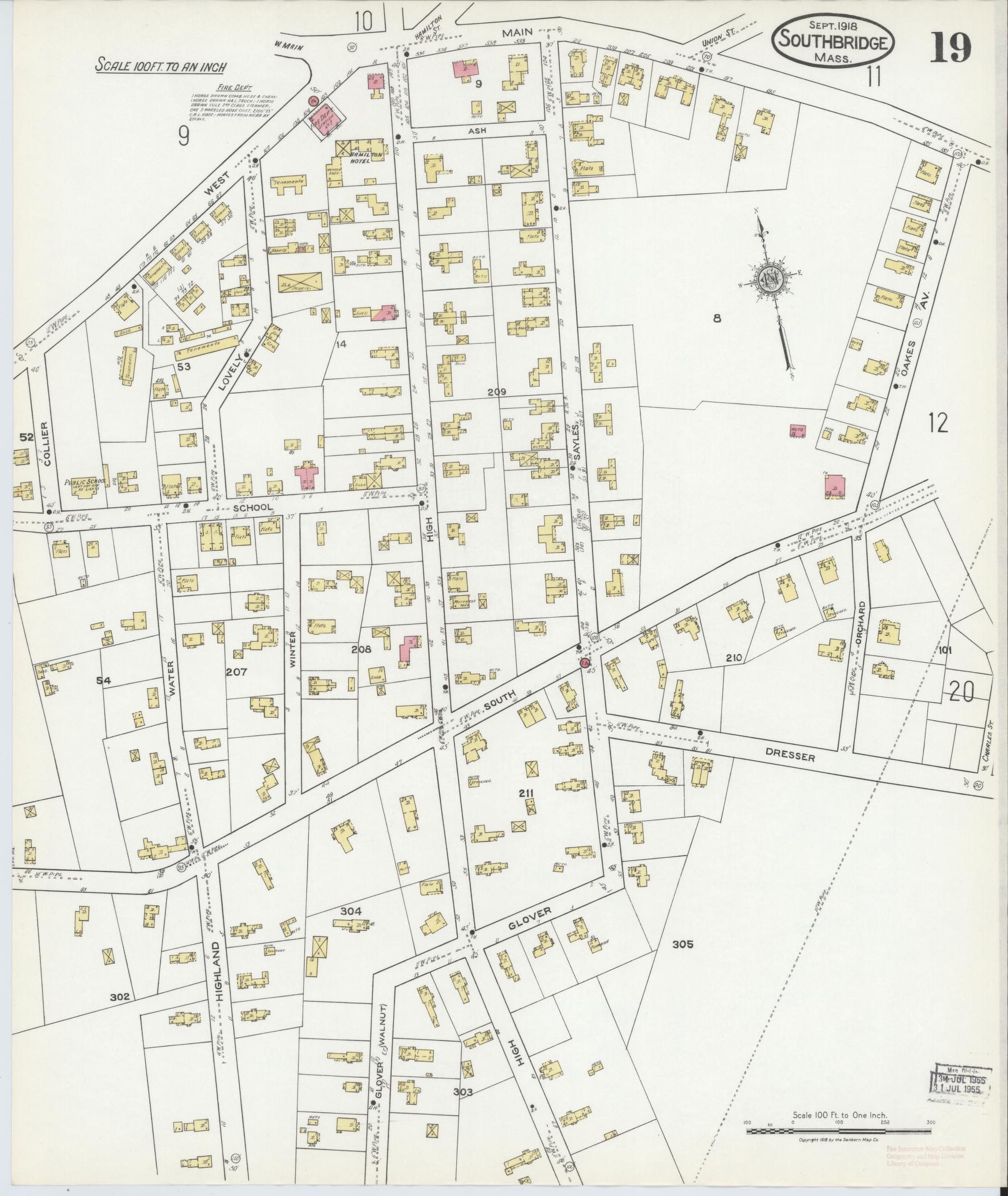 Sanborn Fire Insurance Map from Southbridge, Worcester County, Massachusetts (1918), Sheet #0019 - Historic Sanborn Fire Insurance Map Print, vintage old map wall art, antique decor, genealogy gift, Massachusetts Massachusetts map