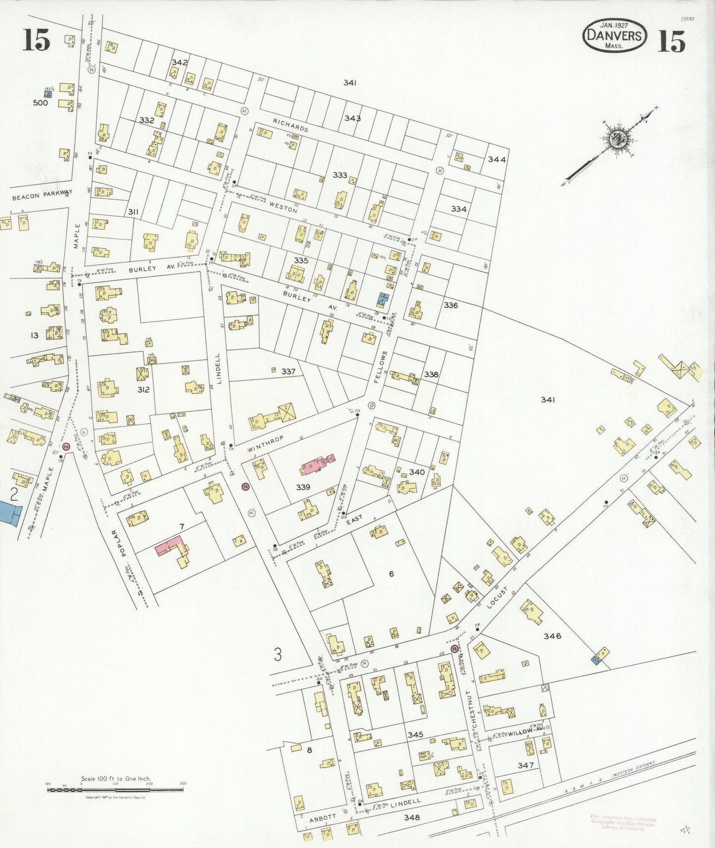 Sanborn Fire Insurance Map from Danvers, Essex County, Massachusetts (1927), Sheet #0015 - Complete Map Set gallery image, historic Sanborn map, vintage wall art, Massachusetts Massachusetts