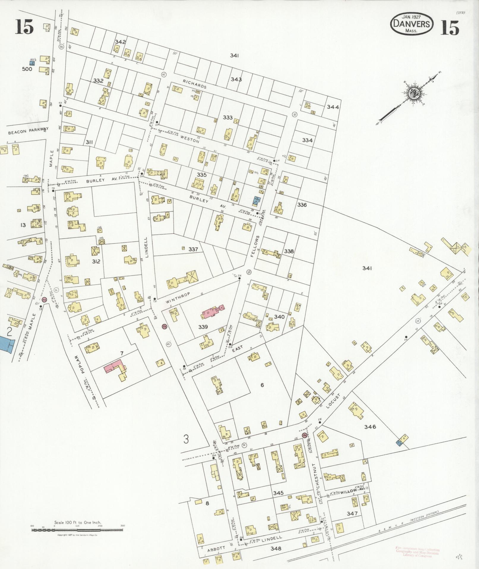 Sanborn Fire Insurance Map from Danvers, Essex County, Massachusetts (1927), Sheet #0015 - Complete Map Set gallery image, historic Sanborn map, vintage wall art, Massachusetts Massachusetts