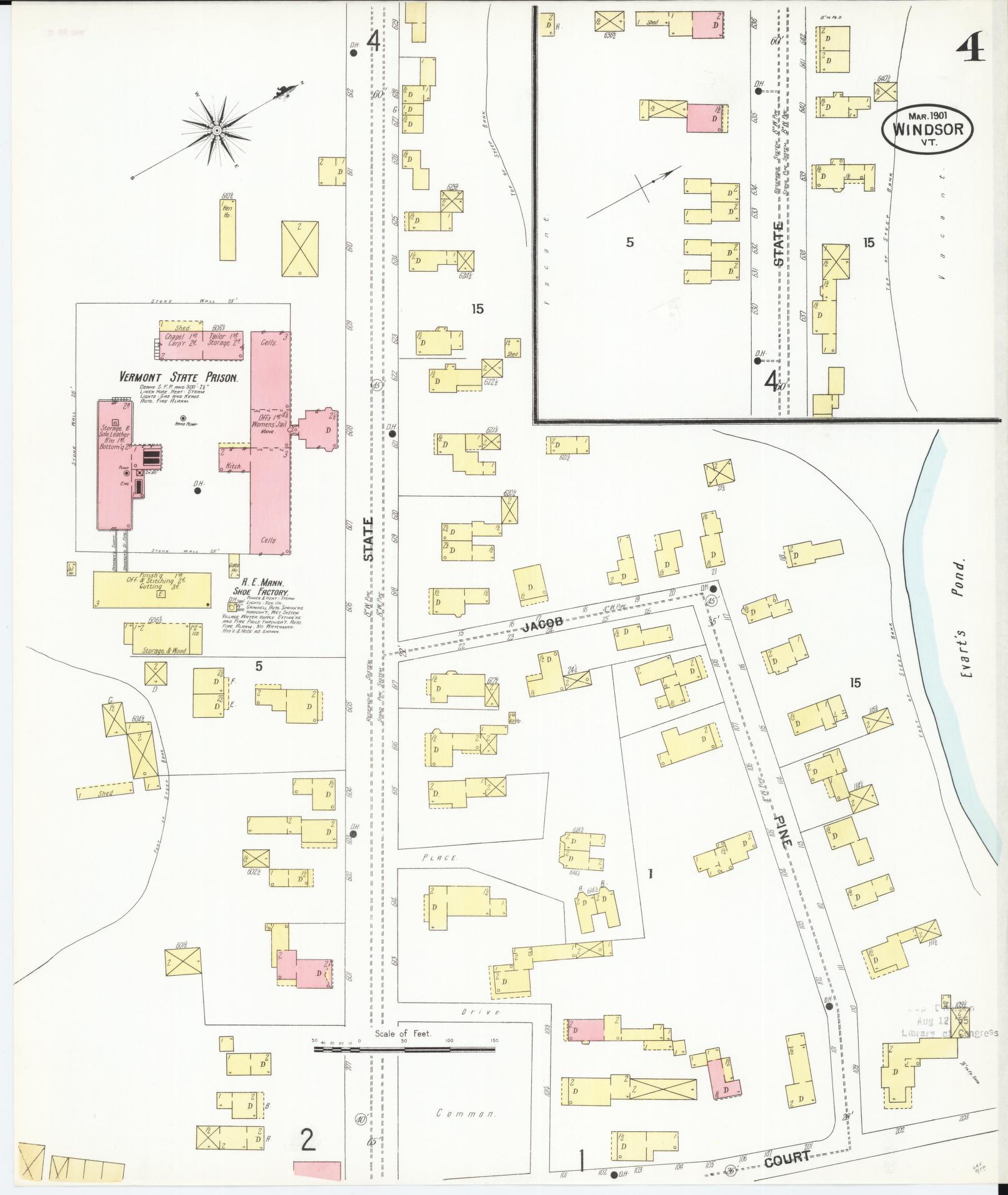 Sanborn Fire Insurance Map from Windsor, Windsor County, Vermont (1901), Sheet #0004 - Historic Sanborn Fire Insurance Map Print, vintage old map wall art, antique decor, genealogy gift, Vermont Vermont map