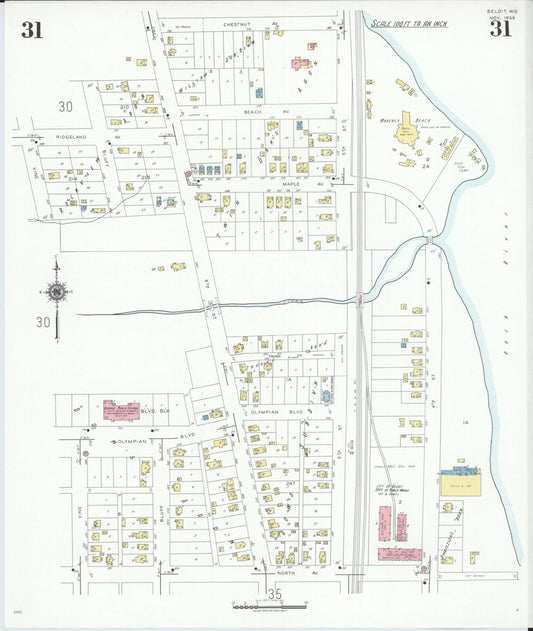 Sanborn Fire Insurance Map from Beloit, Rock County, Wisconsin (1939), Sheet #0031 - Historic Sanborn Fire Insurance Map Print, vintage old map wall art, antique decor, genealogy gift, Wisconsin Wisconsin map