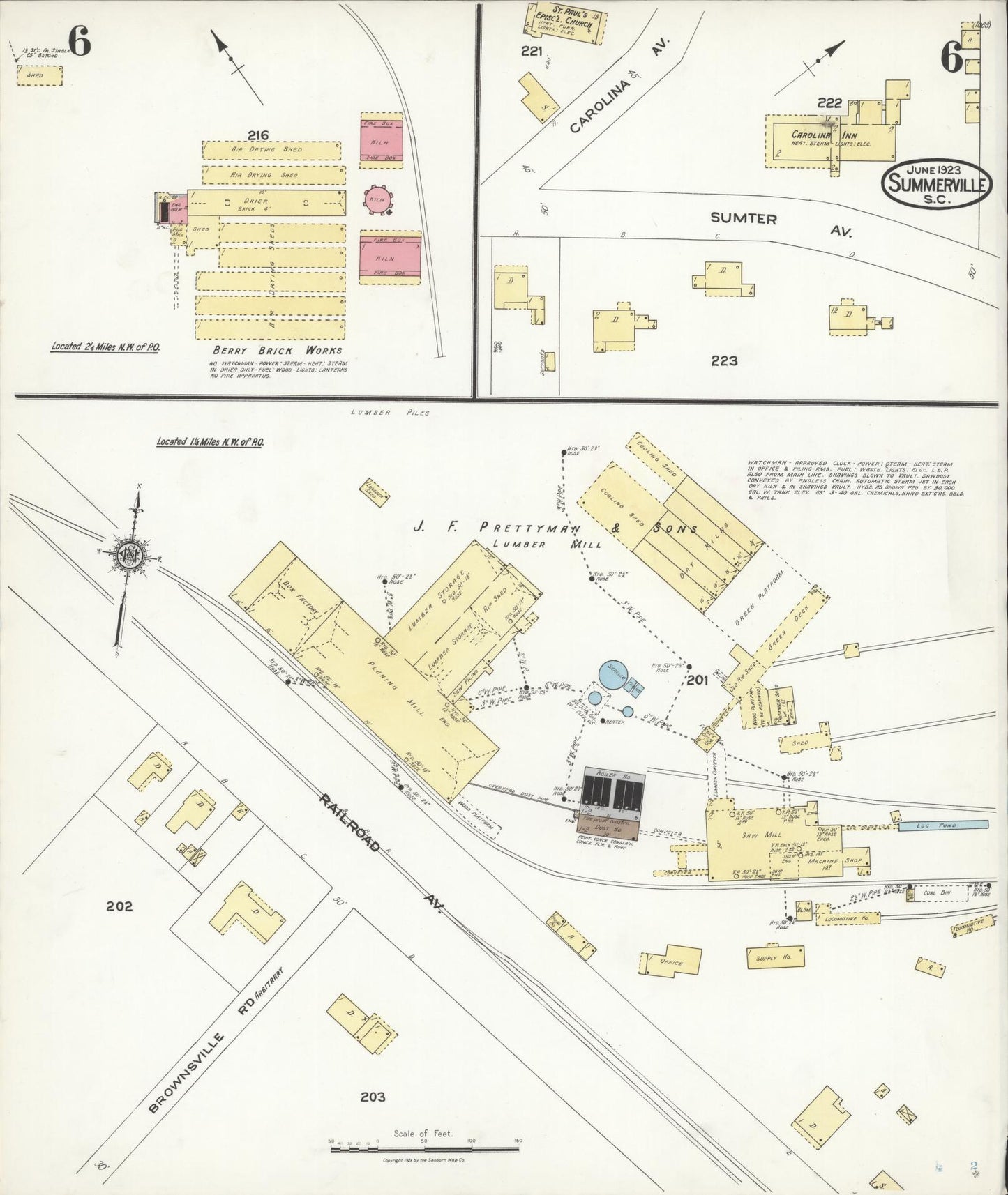 Sanborn Fire Insurance Map from Summerville, Dorchester County, South Carolina (1923), Sheet #0006 - Historic Sanborn Fire Insurance Map Print, vintage old map wall art, antique decor, genealogy gift, South Carolina South Carolina map