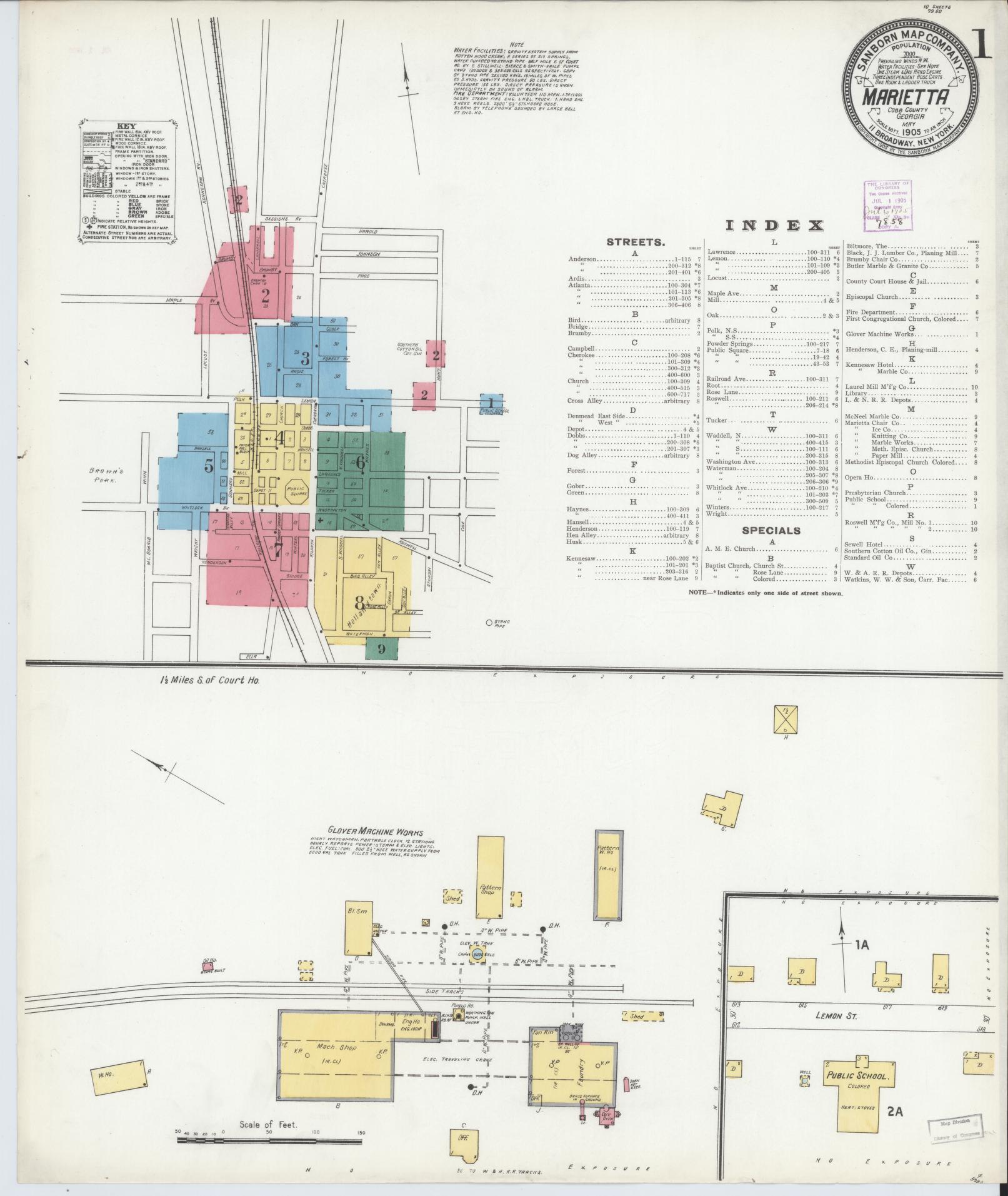 Sanborn Fire Insurance Map from Marietta, Cobb County, Georgia (1905), Sheet #0001 - Historic Sanborn Fire Insurance Map Print, vintage old map wall art, antique decor, genealogy gift, Georgia Georgia map