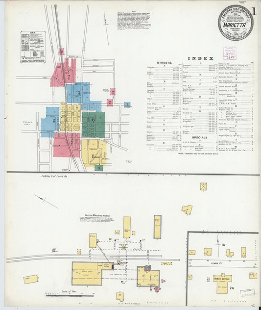 Sanborn Fire Insurance Map from Marietta, Cobb County, Georgia (1905), Sheet #0001 - Historic Sanborn Fire Insurance Map Print, vintage old map wall art, antique decor, genealogy gift, Georgia Georgia map