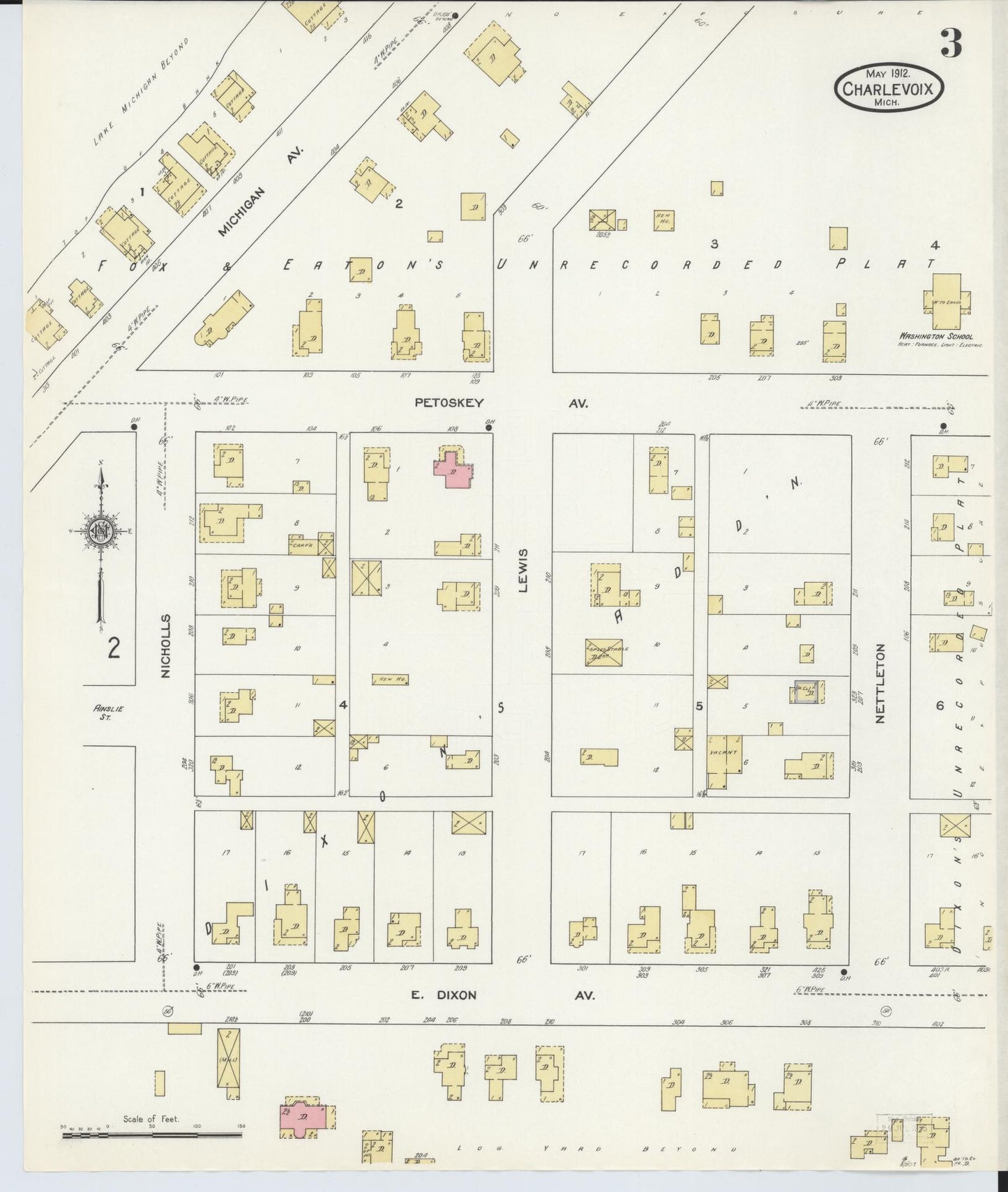 Sanborn Fire Insurance Map from Charlevoix, Charlevoix County, Michigan (1912), Sheet #0003 - Complete Map Set gallery image, historic Sanborn map, vintage wall art, Michigan Michigan