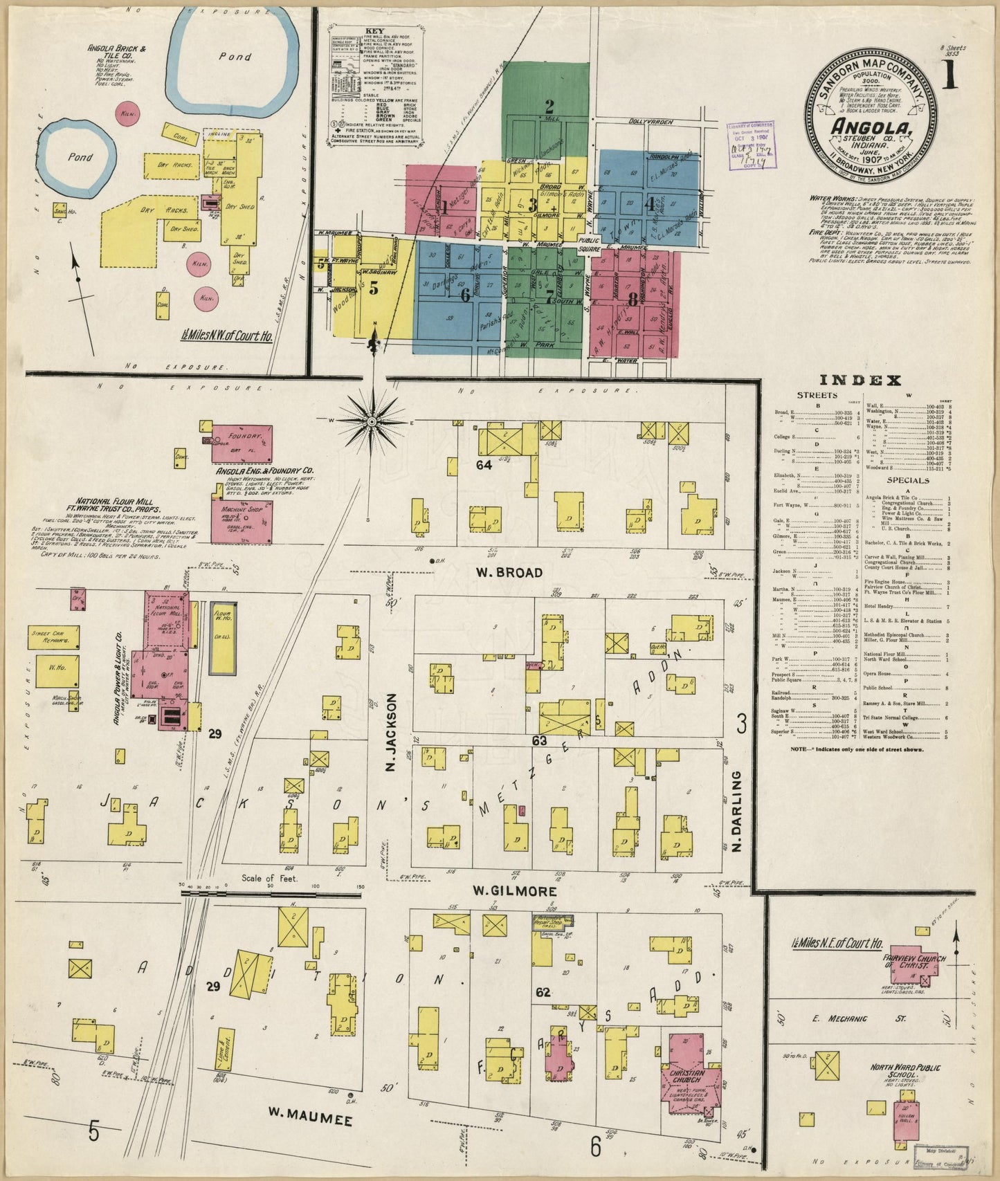 Sanborn Fire Insurance Map from Angola, Steuben County, Indiana (1907), Sheet #0001 - Historic Sanborn Fire Insurance Map Print, vintage old map wall art, antique decor, genealogy gift, Indiana Indiana map