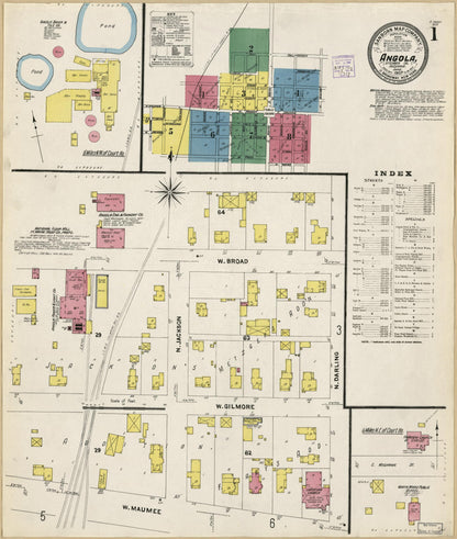 Sanborn Fire Insurance Map from Angola, Steuben County, Indiana (1907), Sheet #0001 - Historic Sanborn Fire Insurance Map Print, vintage old map wall art, antique decor, genealogy gift, Indiana Indiana map