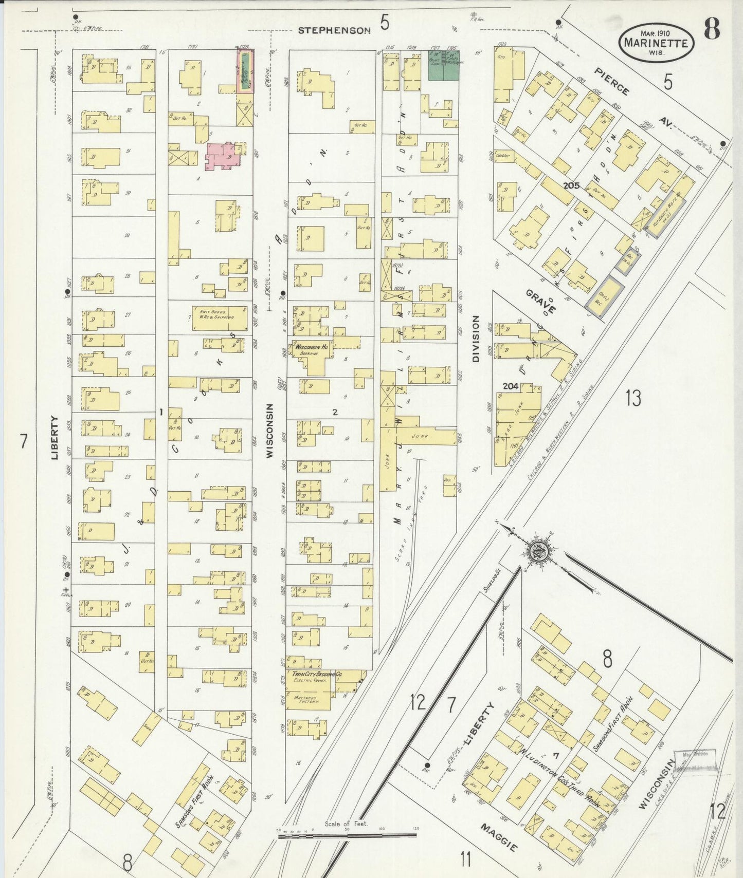 Sanborn Fire Insurance Map from Marinette, Marinette County, Wisconsin (1910), Sheet #0008 - Complete Map Set gallery image, historic Sanborn map, vintage wall art, Wisconsin Wisconsin