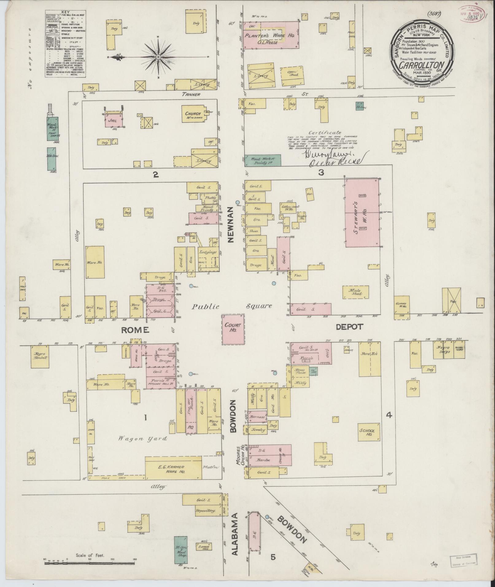 Sanborn Fire Insurance Map from Carrollton, Carroll County, Georgia (1890), Sheet #0001 - Historic Sanborn Fire Insurance Map Print, vintage old map wall art, antique decor, genealogy gift, Georgia Georgia map