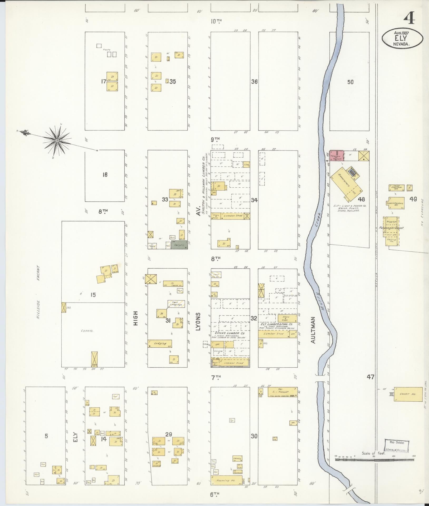 Sanborn Fire Insurance Map from Ely, White Pine County, Nevada (1907), Sheet #0004 - Historic Sanborn Fire Insurance Map Print, vintage old map wall art, antique decor, genealogy gift, Nevada Nevada map