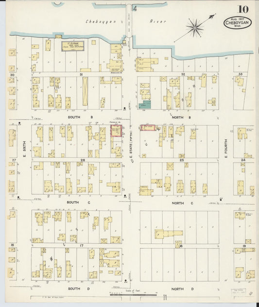 Sanborn Fire Insurance Map from Cheboygan, Cheboygan County, Michigan (1907), Sheet #0010 - Historic Sanborn Fire Insurance Map Print, vintage old map wall art, antique decor, genealogy gift, Michigan Michigan map
