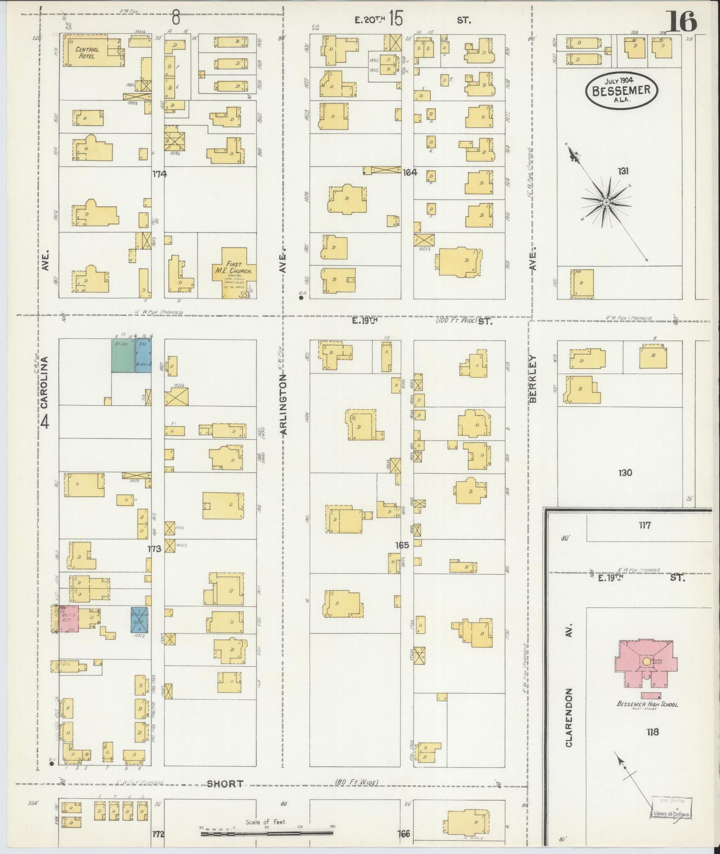 Sanborn Fire Insurance Map from Bessemer, Jefferson County, Alabama (1904), Sheet #0016 - Historic Sanborn Fire Insurance Map Print, vintage old map wall art, antique decor, genealogy gift, Alabama Alabama map