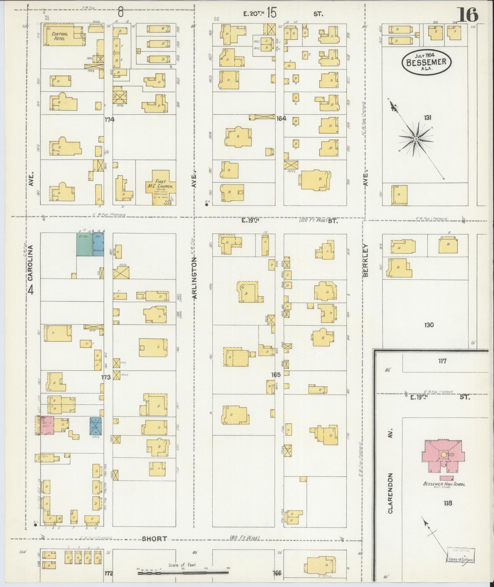 Sanborn Fire Insurance Map from Bessemer, Jefferson County, Alabama (1904), Sheet #0016 - Historic Sanborn Fire Insurance Map Print, vintage old map wall art, antique decor, genealogy gift, Alabama Alabama map
