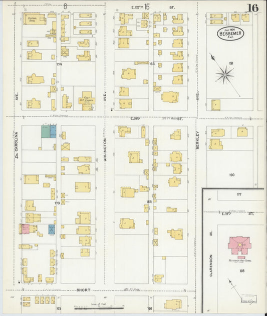 Sanborn Fire Insurance Map from Bessemer, Jefferson County, Alabama (1904), Sheet #0016 - Historic Sanborn Fire Insurance Map Print, vintage old map wall art, antique decor, genealogy gift, Alabama Alabama map