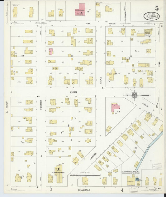 Sanborn Fire Insurance Map from Hillsdale, Hillsdale County, Michigan (1913), Sheet #0005 - Historic Sanborn Fire Insurance Map Print, vintage old map wall art, antique decor, genealogy gift, Michigan Michigan map