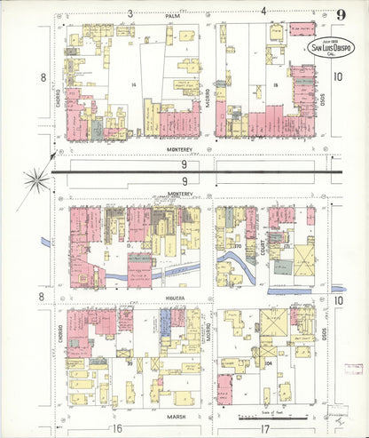 Sanborn Fire Insurance Map from San Luis Obispo, San Luis Obispo County, California (1909), Sheet #0009 - Complete Map Set gallery image, historic Sanborn map, vintage wall art, California California