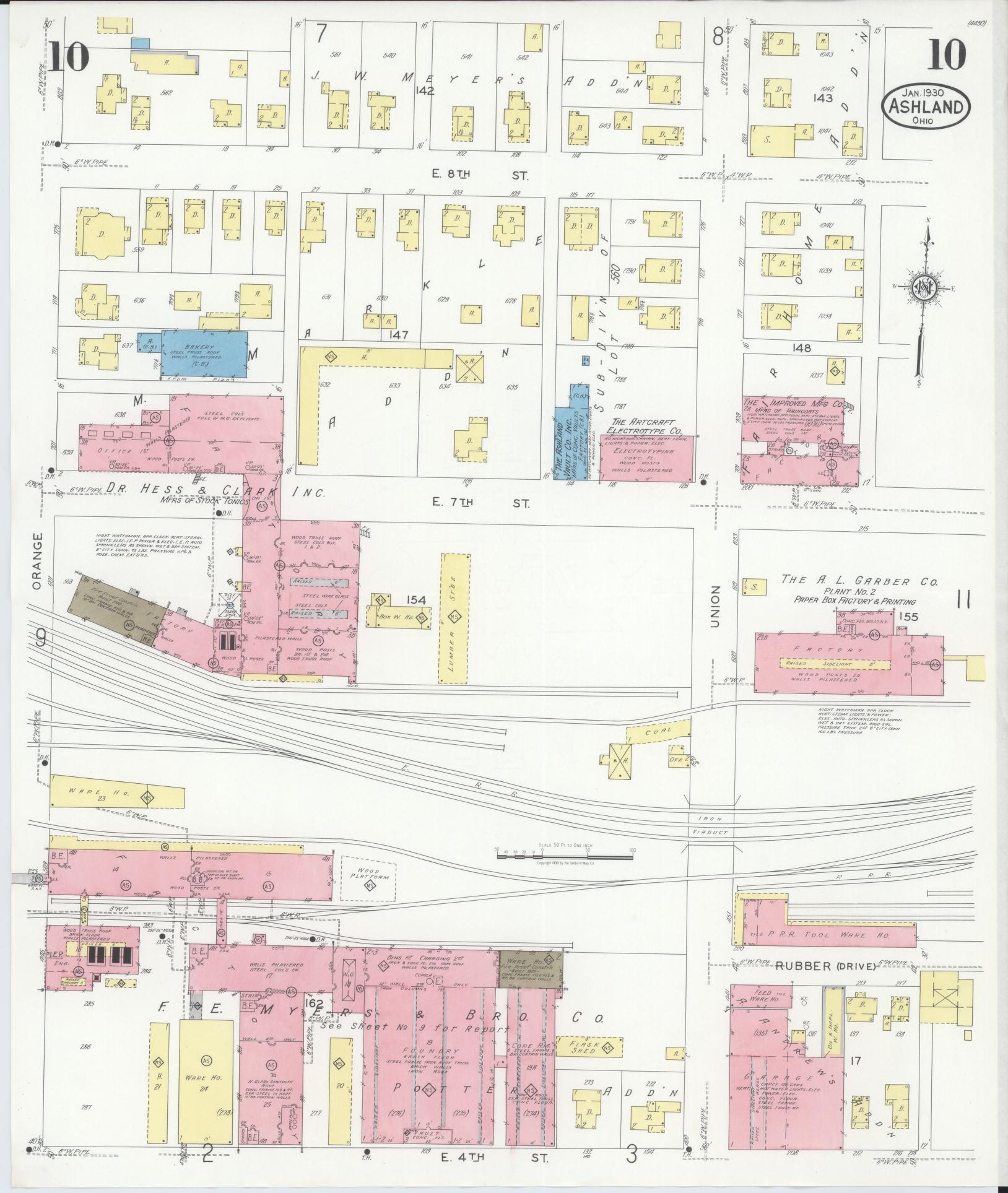 Sanborn Fire Insurance Map from Ashland, Ashland County, Ohio (1930), Sheet #0010 - Historic Sanborn Fire Insurance Map Print, vintage old map wall art, antique decor, genealogy gift, Ohio Ohio map