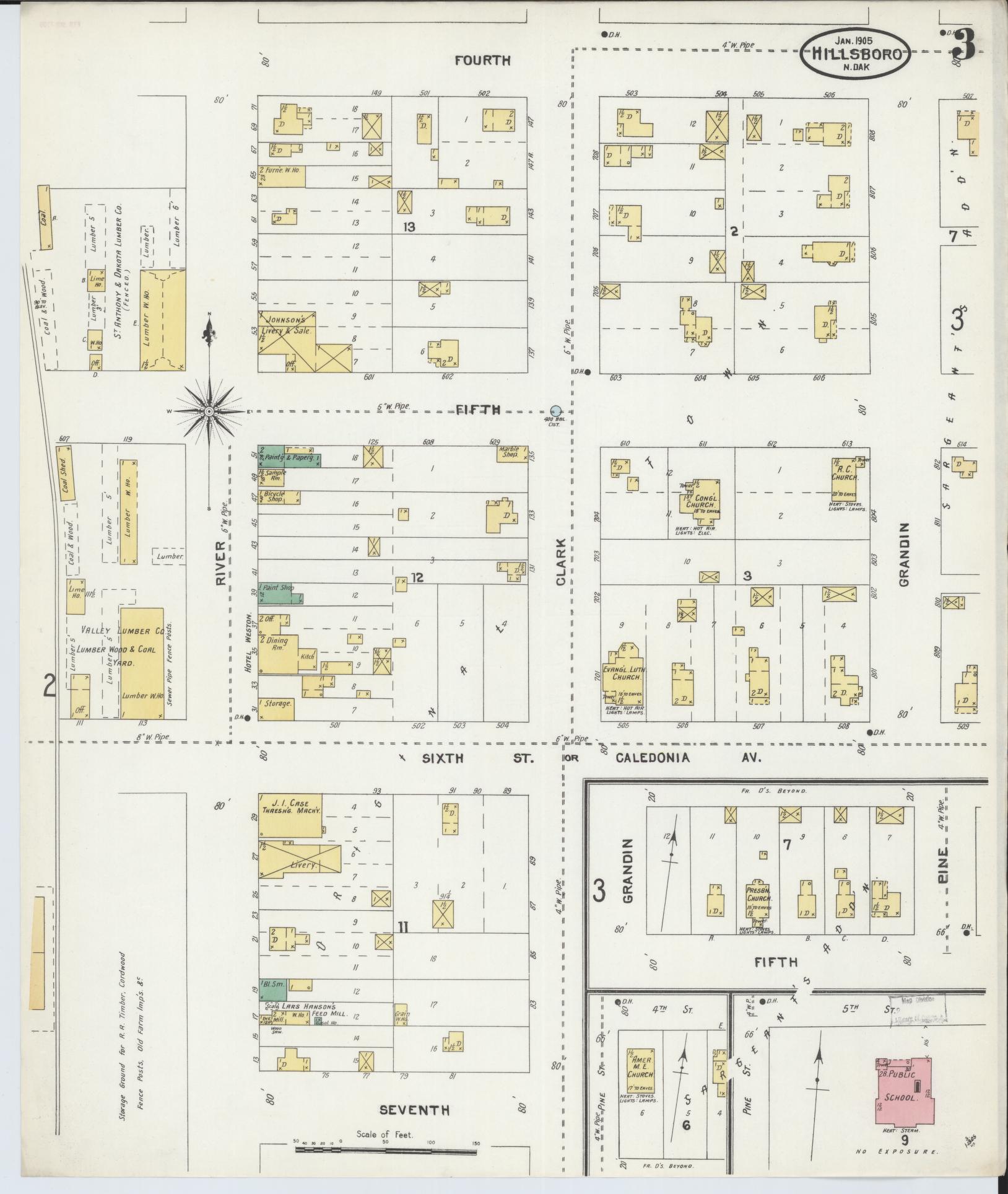 Sanborn Fire Insurance Map from Hillsboro, Traill County, North Dakota (1905), Sheet #0003 - Complete Map Set gallery image, historic Sanborn map, vintage wall art, North Dakota North Dakota