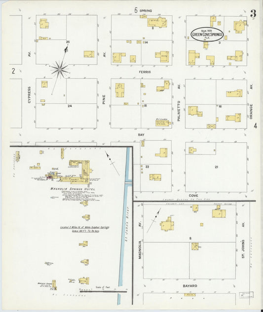 Sanborn Fire Insurance Map from Green Cove Springs, Clay County, Florida (1909), Sheet #0003 - Historic Sanborn Fire Insurance Map Print, vintage old map wall art, antique decor, genealogy gift, Florida Florida map