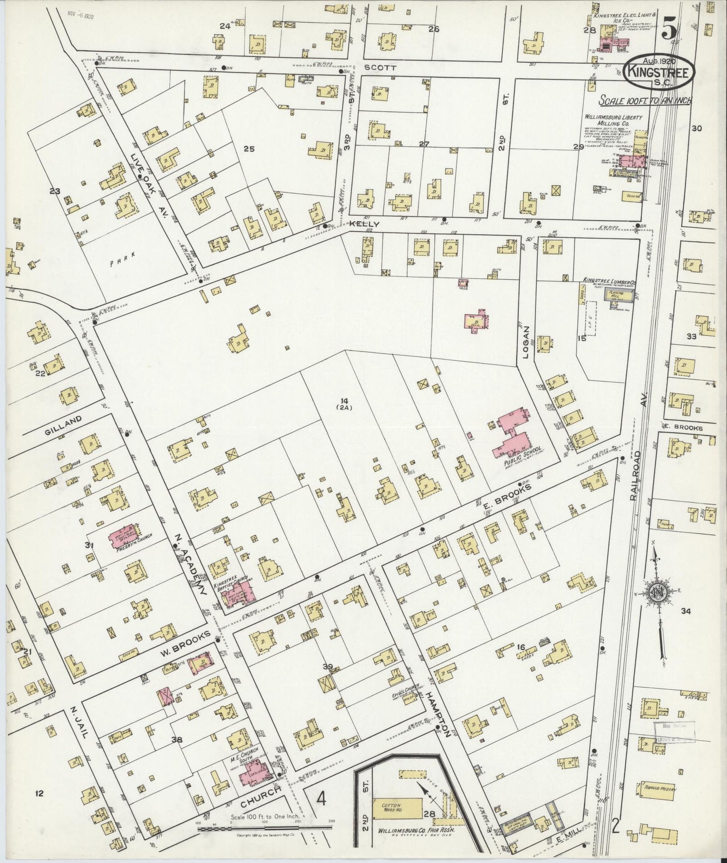 Sanborn Fire Insurance Map from Kingstree, Williamsburg County, South Carolina (1920), Sheet #0005 - Complete Map Set gallery image, historic Sanborn map, vintage wall art, South Carolina South Carolina