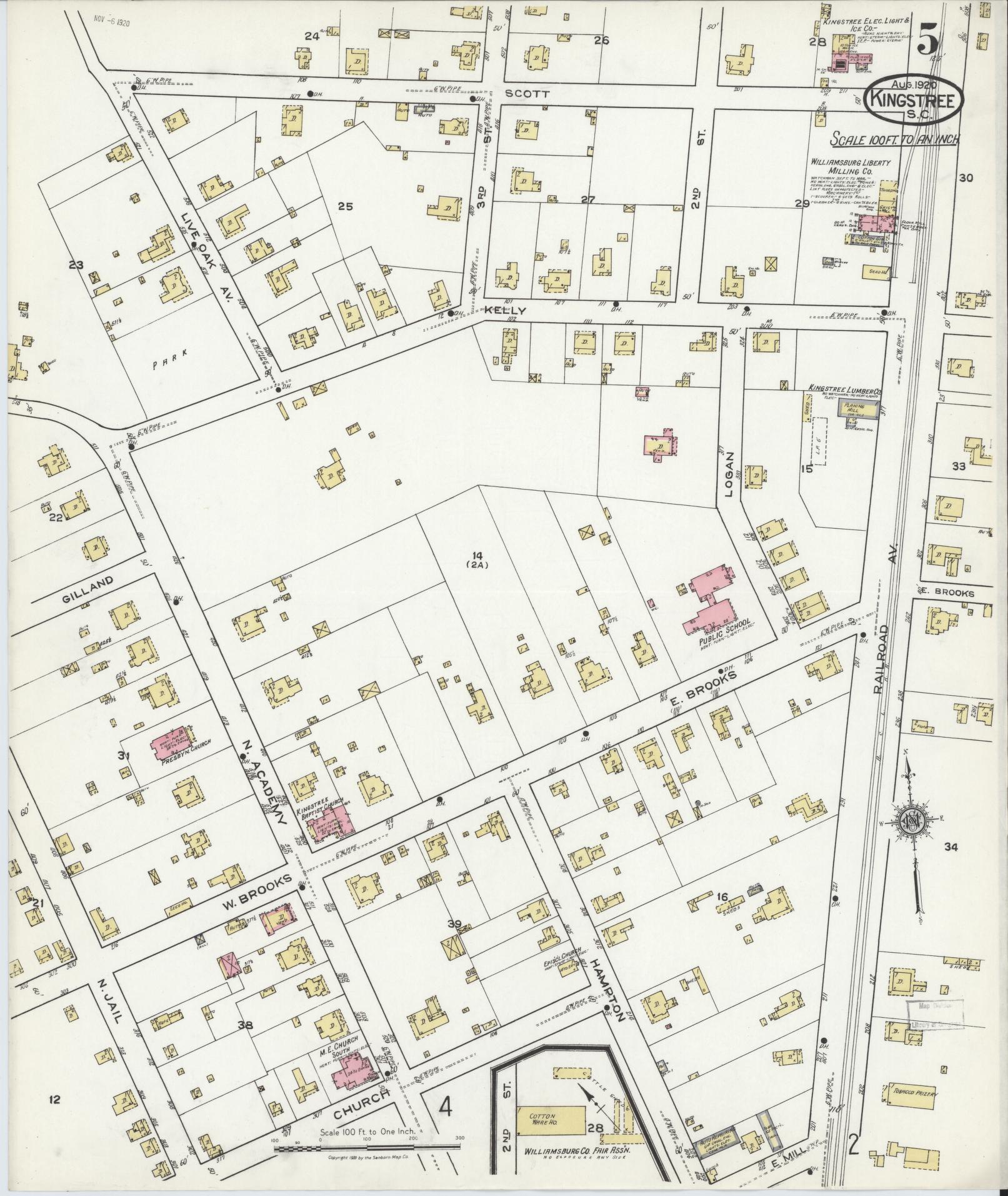Sanborn Fire Insurance Map from Kingstree, Williamsburg County, South Carolina (1920), Sheet #0005 - Complete Map Set gallery image, historic Sanborn map, vintage wall art, South Carolina South Carolina