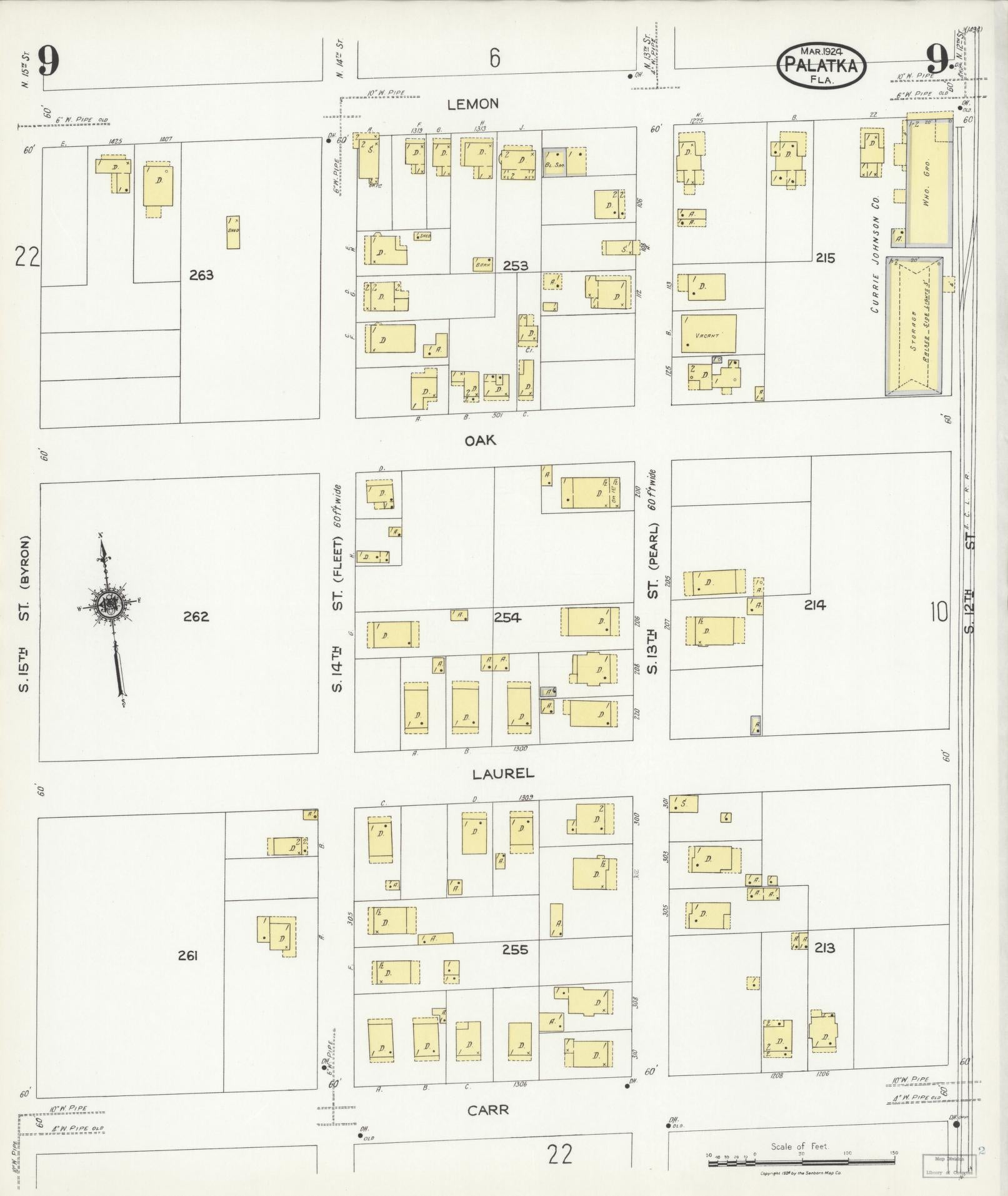 Sanborn Fire Insurance Map from Palatka, Putnam County, Florida (1924), Sheet #0009 - Complete Map Set gallery image, historic Sanborn map, vintage wall art, Florida Florida