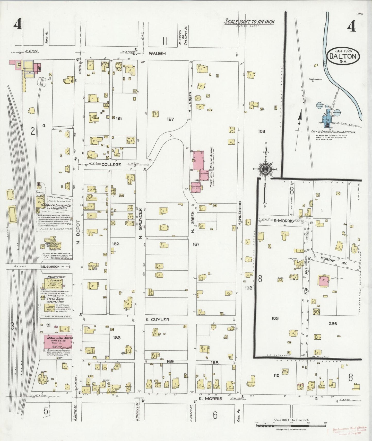 Sanborn Fire Insurance Map from Dalton, Whitfield County, Georgia (1925), Sheet #0004 - Historic Sanborn Fire Insurance Map Print, vintage old map wall art, antique decor, genealogy gift, Georgia Georgia map