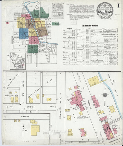 Sanborn Fire Insurance Map from West Bend, Washington County, Wisconsin (1919), Sheet #0001 - Historic Sanborn Fire Insurance Map Print, vintage old map wall art, antique decor, genealogy gift, Wisconsin Wisconsin map