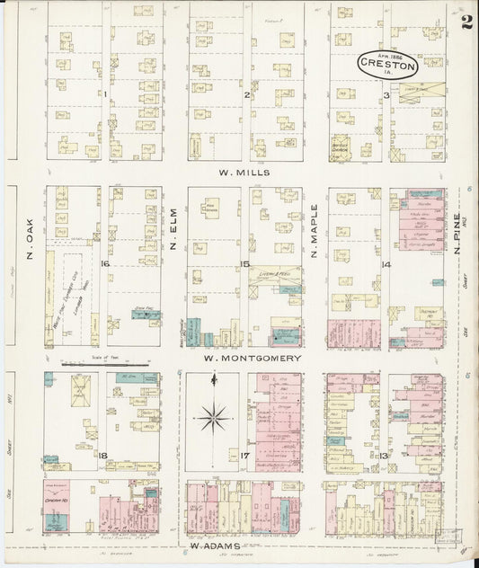 Sanborn Fire Insurance Map from Creston, Union County, Iowa (1886), Sheet #0002 - Historic Sanborn Fire Insurance Map Print, vintage old map wall art