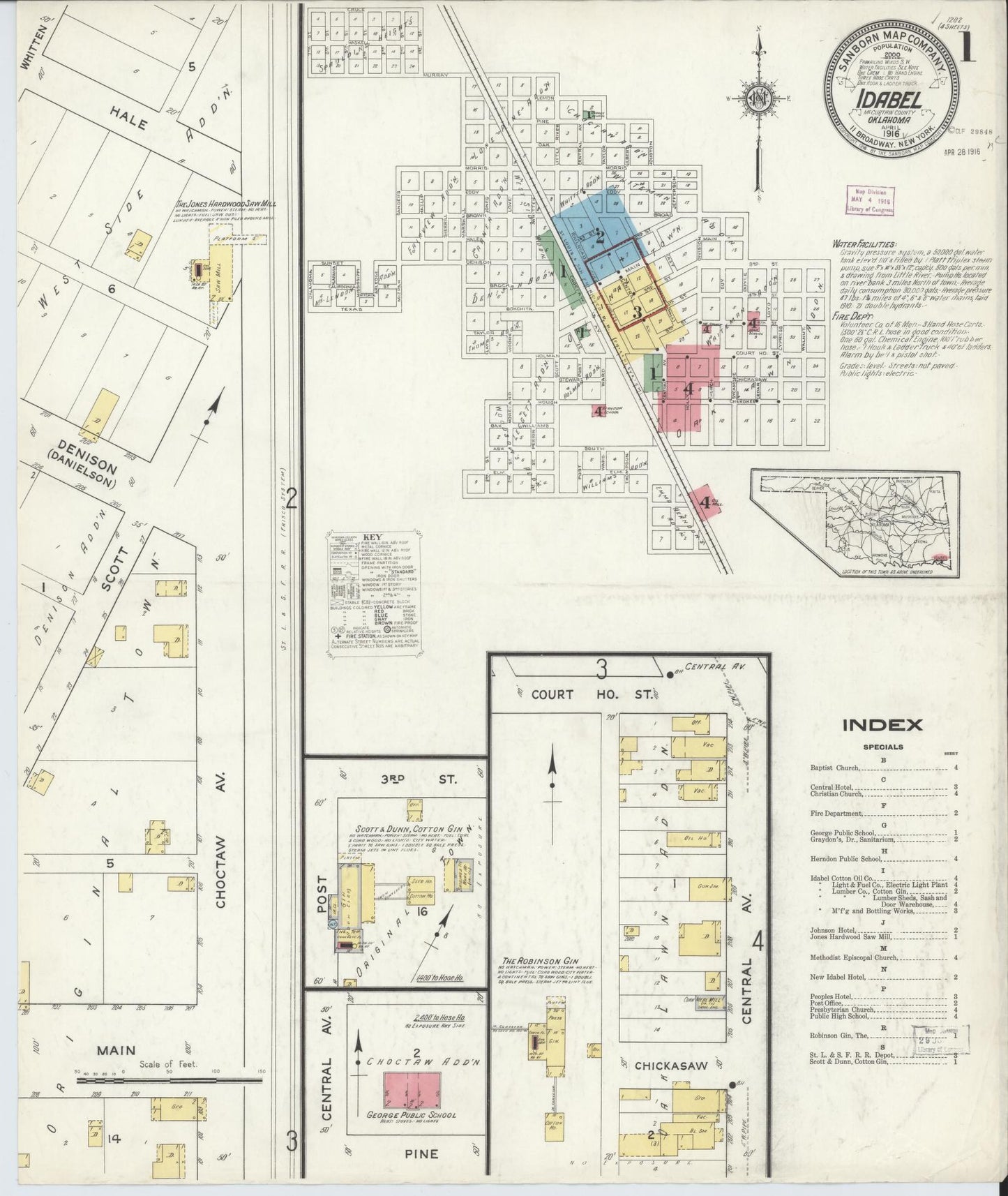 Sanborn Fire Insurance Map from Idabel, McCurtain County, Oklahoma (1916), Sheet #0001 - Historic Sanborn Fire Insurance Map Print, vintage old map wall art, antique decor, genealogy gift, Oklahoma Oklahoma map