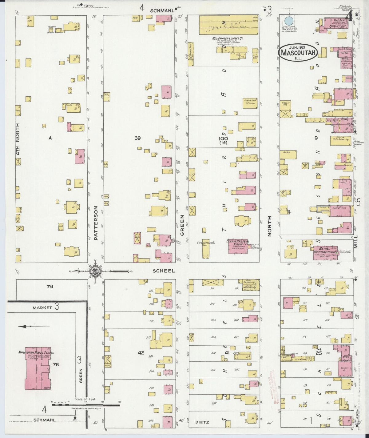 Sanborn Fire Insurance Map from Mascoutah, Saint Clair County, Illinois (1921), Sheet #0004 - Complete Map Set gallery image, historic Sanborn map, vintage wall art, Illinois Illinois