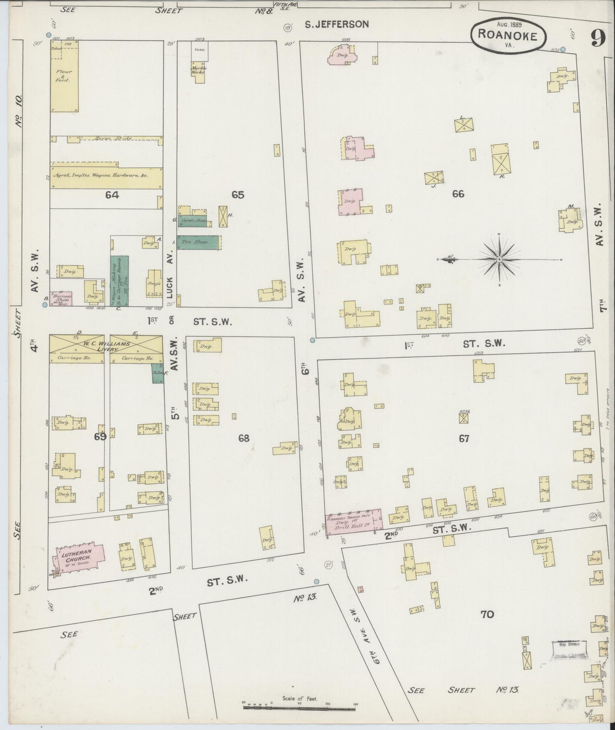 Sanborn Fire Insurance Map from Roanoke, Independent Cities, Virginia (1889), Sheet #0009 - Complete Map Set gallery image, historic Sanborn map, vintage wall art, Virginia Virginia
