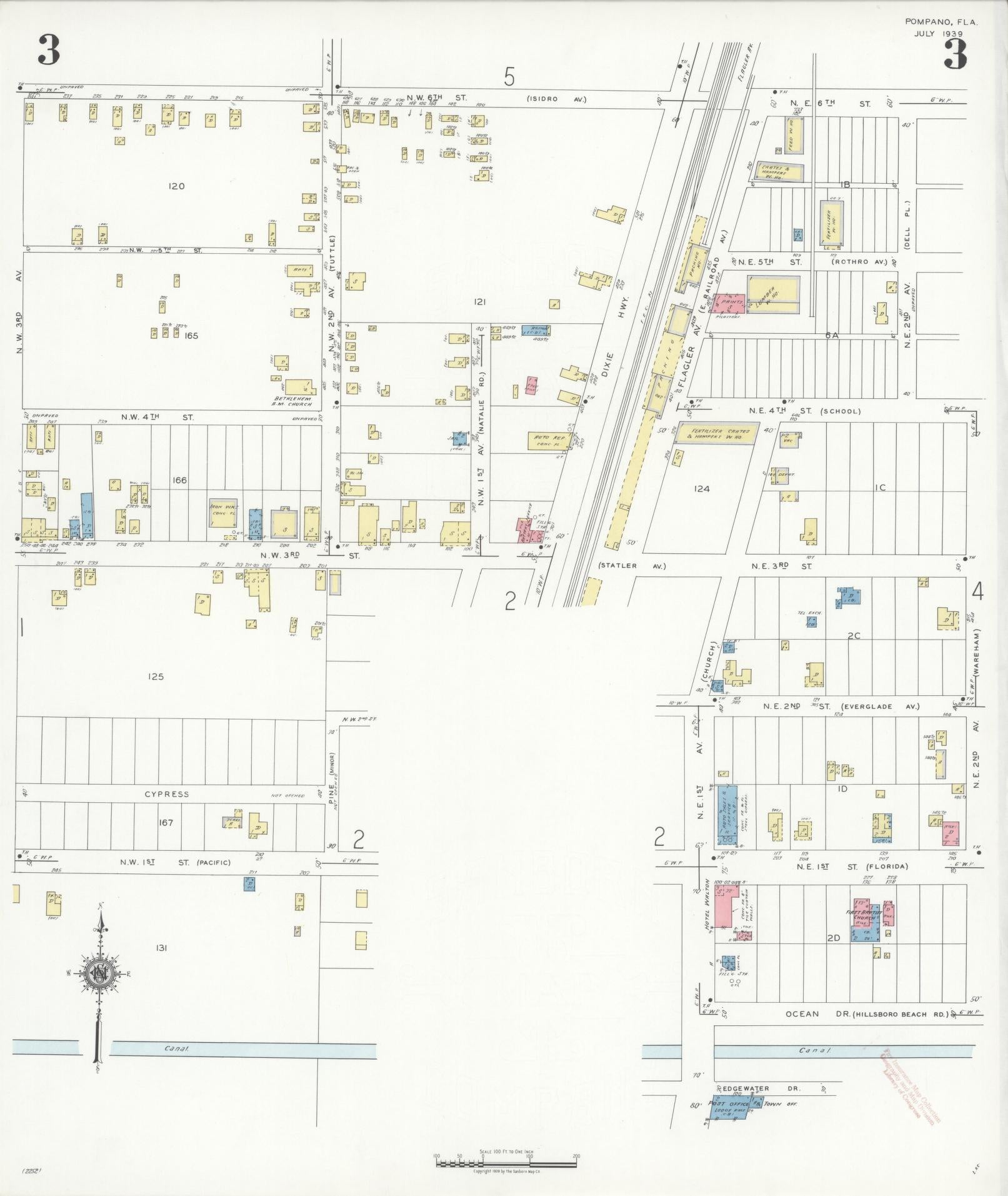 Sanborn Fire Insurance Map from Pompano, Broward County, Florida (1939), Sheet #0003 - Complete Map Set gallery image, historic Sanborn map, vintage wall art, Florida Florida