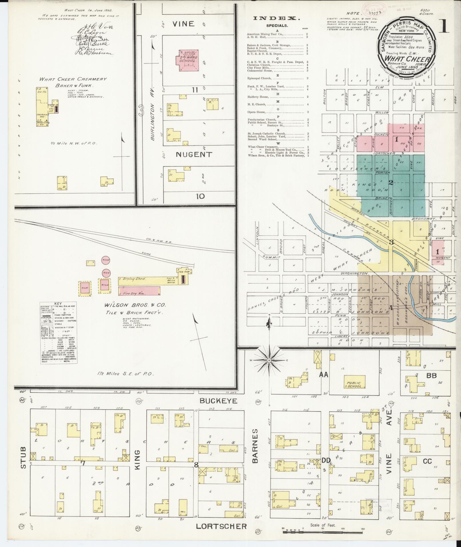 Sanborn Fire Insurance Map from What Cheer, Keokuk County, Iowa (1893), Sheet #0001 - Historic Sanborn Fire Insurance Map Print