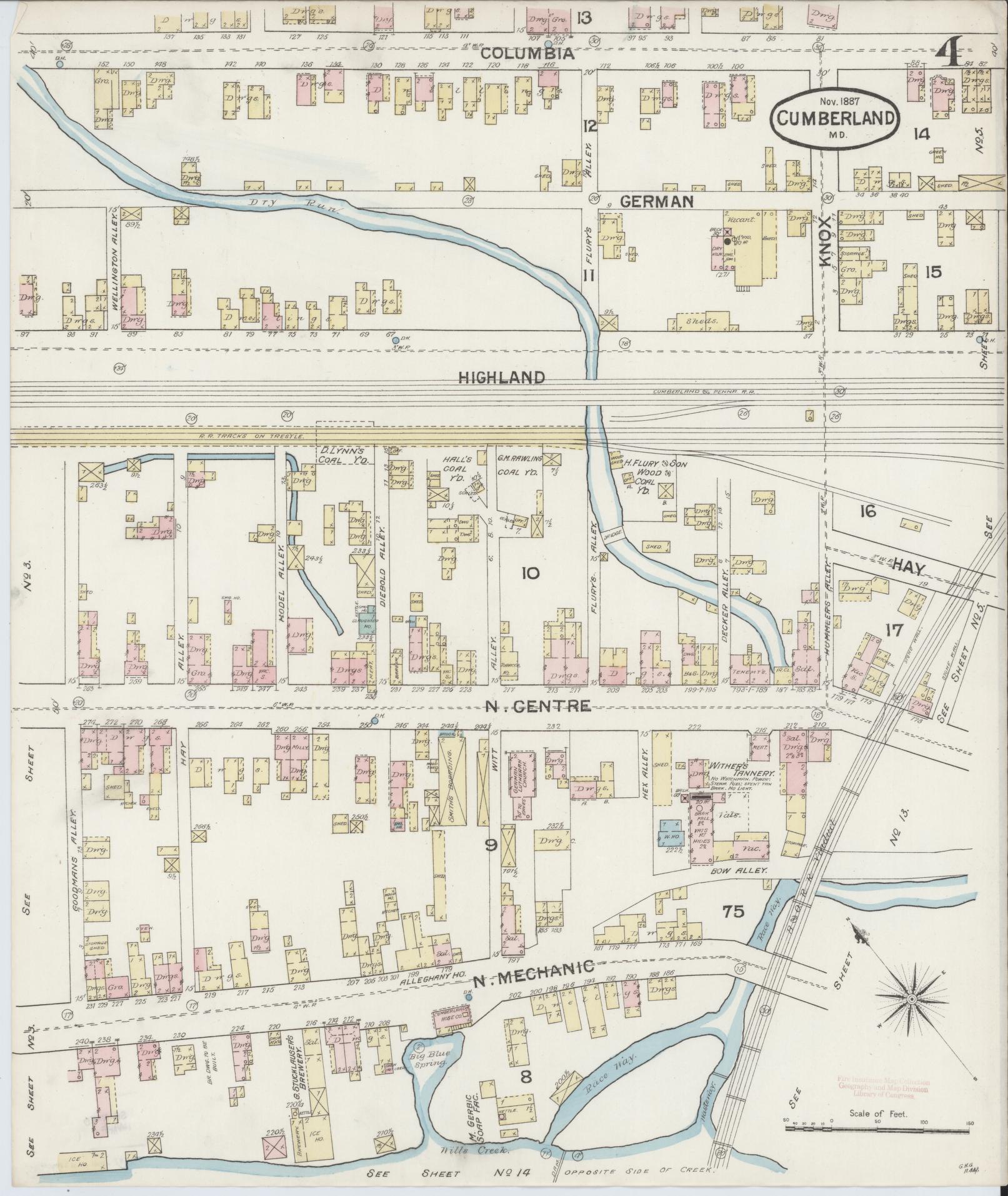 Sanborn Fire Insurance Map from Cumberland, Allegany County, Maryland (1887), Sheet #0004 - Historic Sanborn Fire Insurance Map Print, vintage old map wall art, antique decor, genealogy gift, Maryland Maryland map
