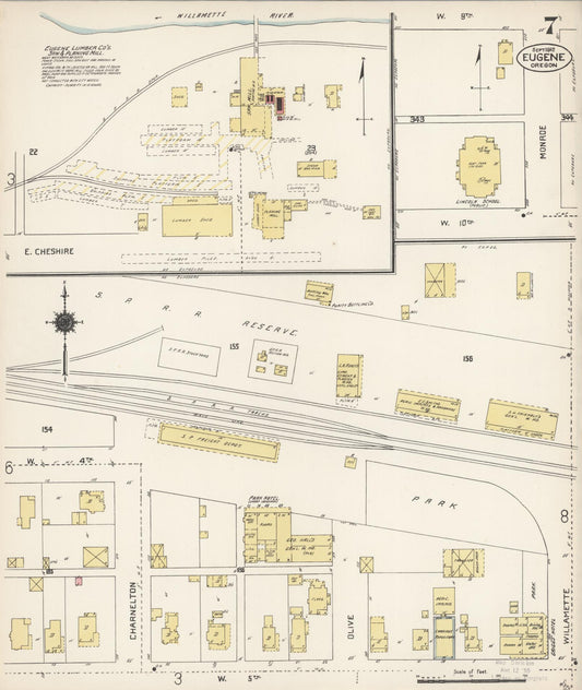 Sanborn Fire Insurance Map from Eugene, Lane County, Oregon (1912), Sheet #0007 - Historic Sanborn Fire Insurance Map Print, vintage old map wall art, antique decor, genealogy gift, Oregon Oregon map