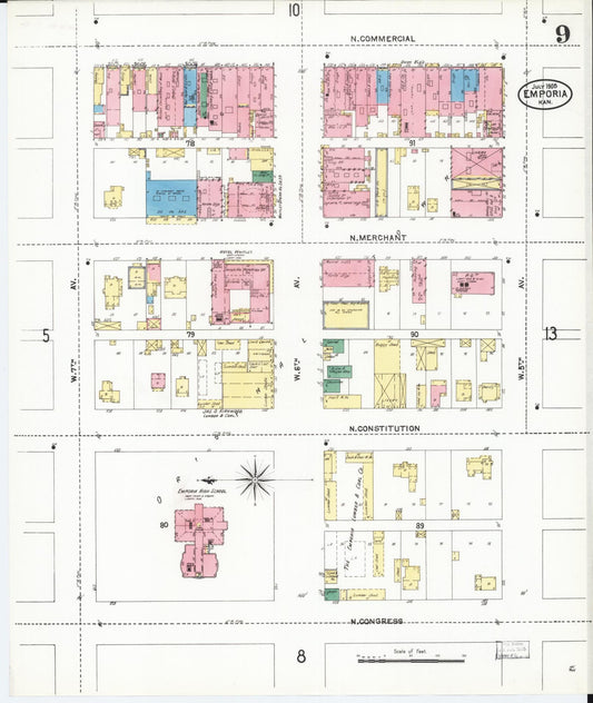 Sanborn Fire Insurance Map from Emporia, Lyon County, Kansas (1905), Sheet #0009 - Historic Sanborn Fire Insurance Map Print, vintage old map wall art, antique decor, genealogy gift, Kansas Kansas map
