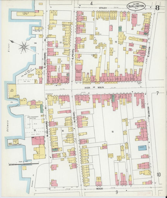 Sanborn Fire Insurance Map from Burlington, Burlington County, New Jersey (1902), Sheet #0008 - Historic Sanborn Fire Insurance Map Print, vintage old map wall art, antique decor, genealogy gift, New Jersey New Jersey map