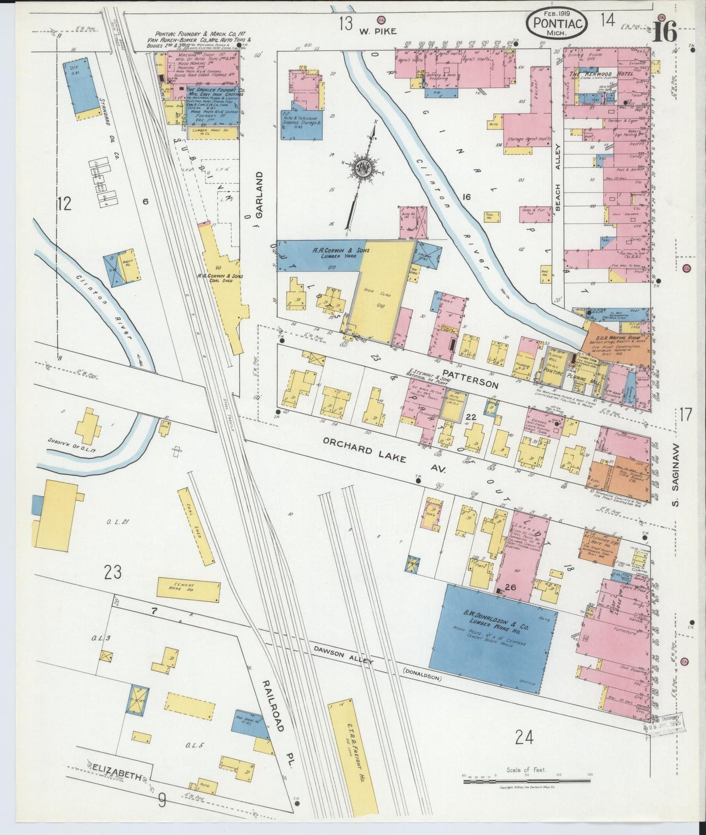 Sanborn Fire Insurance Map from Pontiac, Oakland County, Michigan (1919), Sheet #0016 - Complete Map Set gallery image, historic Sanborn map, vintage wall art, Michigan Michigan