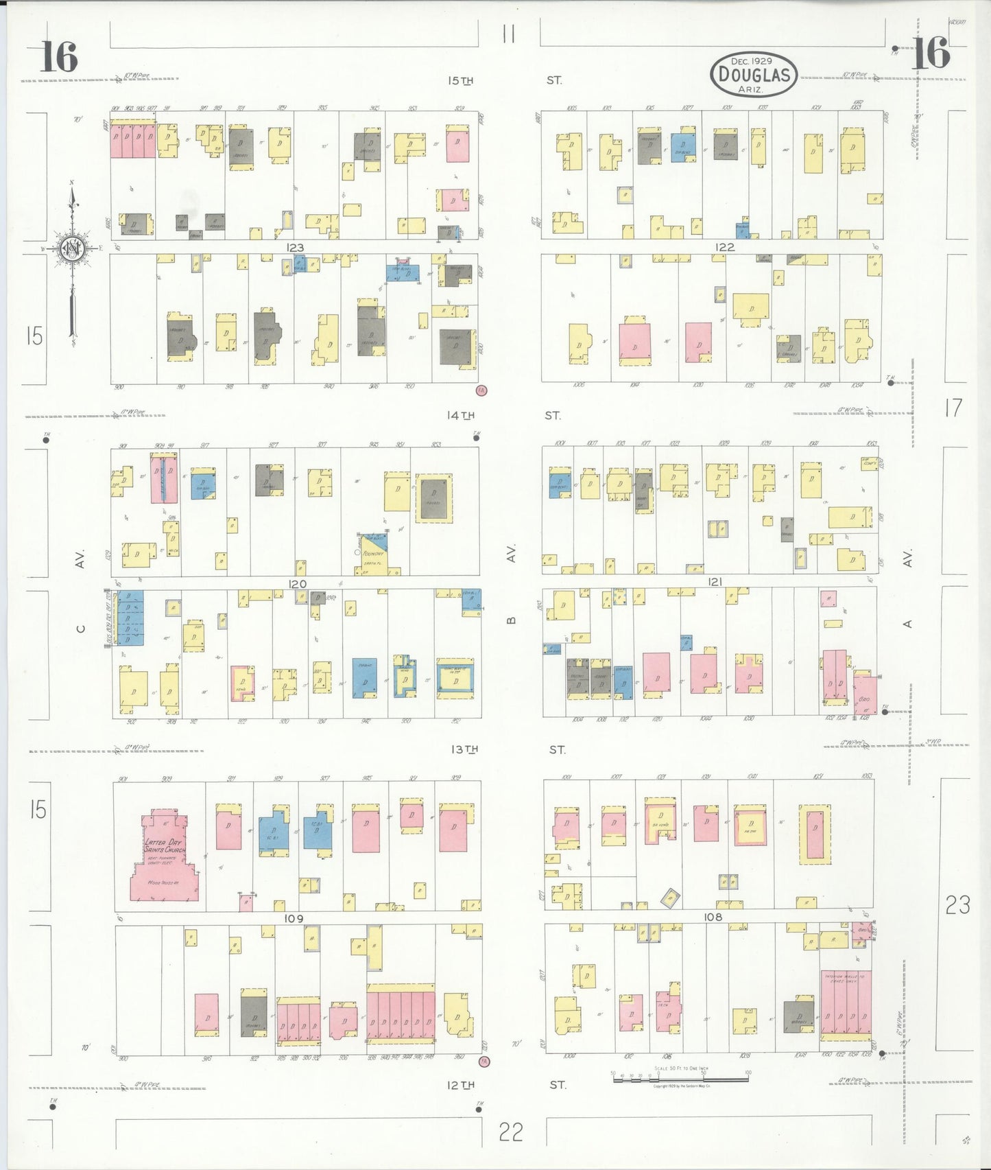 Sanborn Fire Insurance Map from Douglas, Cochise County, Arizona (1929), Sheet #0016 - Complete Map Set gallery image, historic Sanborn map, vintage wall art, Arizona Arizona