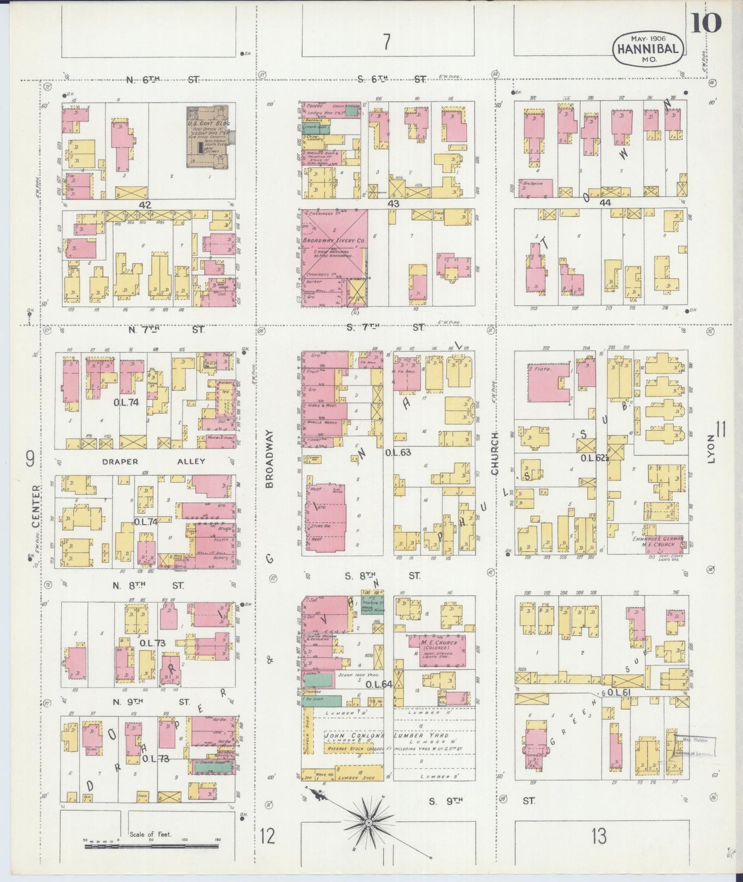 Sanborn Fire Insurance Map from Hannibal, Marion County, Missouri (1906), Sheet #0010 - Complete Map Set gallery image, historic Sanborn map, vintage wall art, Missouri Missouri