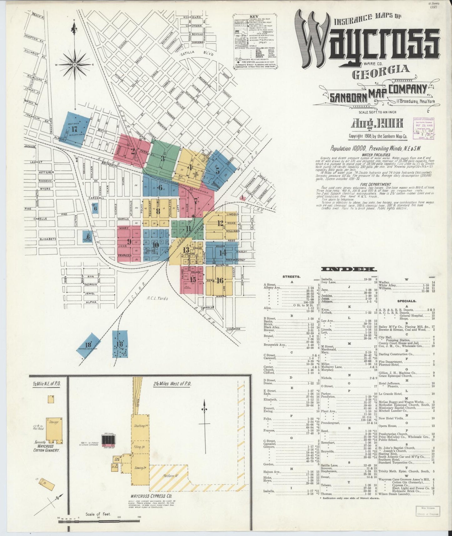 Sanborn Fire Insurance Map from Waycross, Ware County, Georgia (1908), Sheet #0001 - Complete Map Set gallery image, historic Sanborn map, vintage wall art, Georgia Georgia