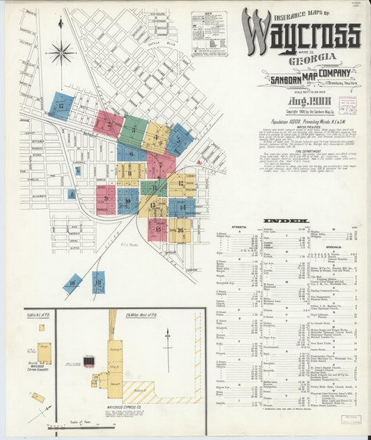 Sanborn Fire Insurance Map from Waycross, Ware County, Georgia (1908), Sheet #0001 - Complete Map Set gallery image, historic Sanborn map, vintage wall art, Georgia Georgia