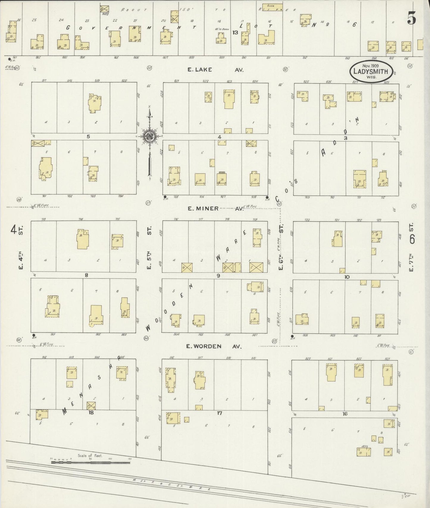 Sanborn Fire Insurance Map from Ladysmith, Rusk County, Wisconsin (1909), Sheet #0005 - Historic Sanborn Fire Insurance Map Print, vintage old map wall art, antique decor, genealogy gift, Wisconsin Wisconsin map